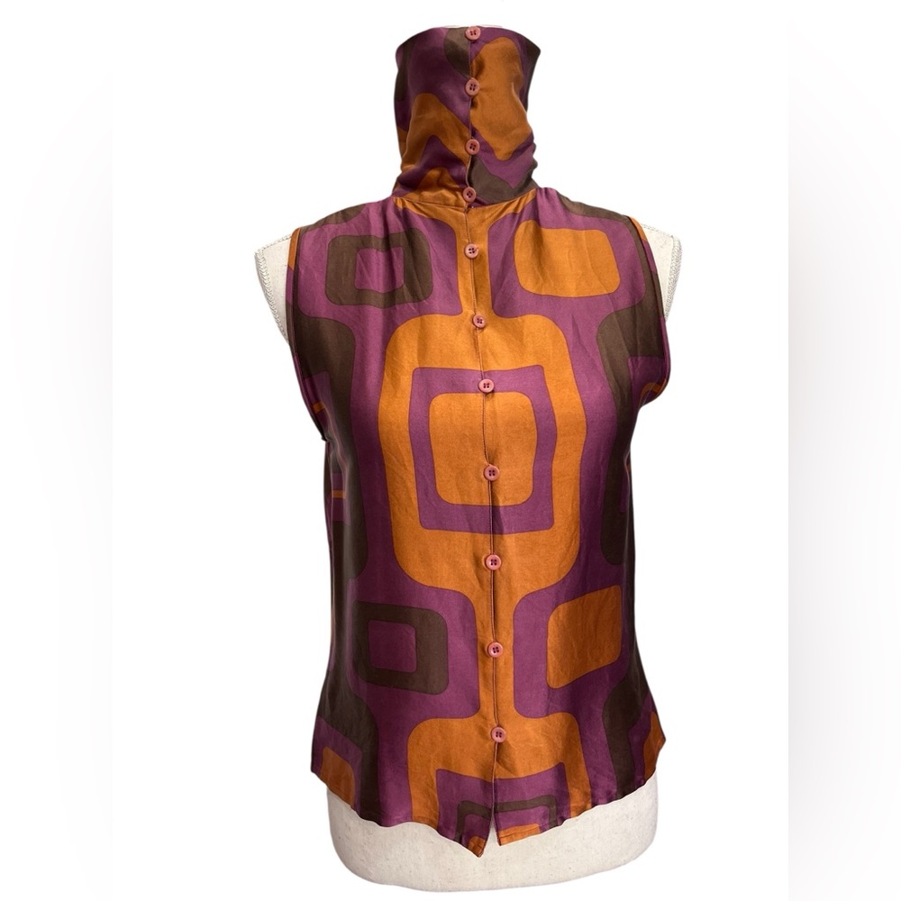 D. Terrell Silk Blend Twinset Cardigan Set Small Retro Mod 70s Geometric Top - Picture 2 of 16
